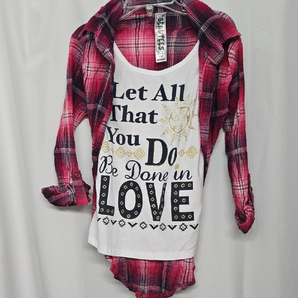NWOT! Beautees Red Plaid Button Down Shirt with Graphic Tee